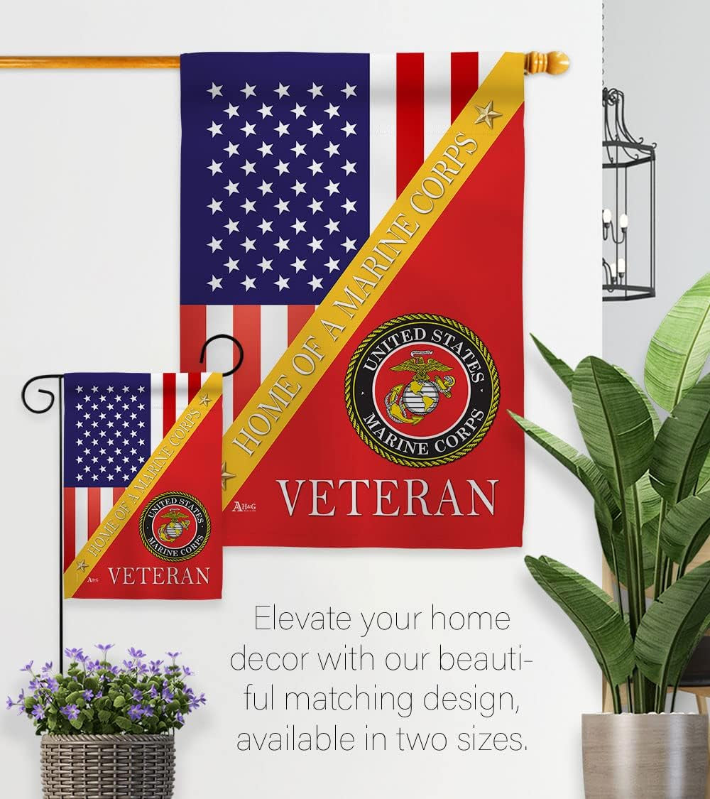 Home of Marine Corps Burlap Garden Flag - Set Wall Holder Armed Forces USMC Semper Fi United State American Military Veteran Retire Official - House Banner Small Yard Gift Double-Sided 13 X 18.5, Thick Burlap