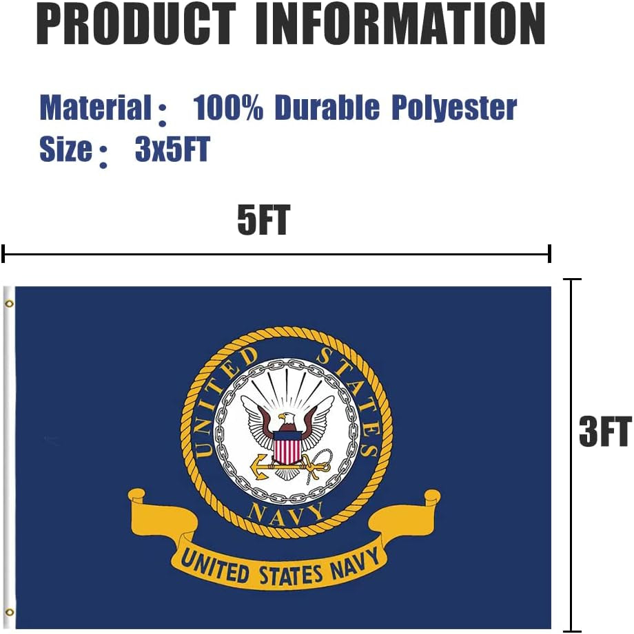 US Navy Emblem Flag 3X5 Outdoor Double Sided - Heavy Duty Polyester United State Navy Naval Military Flags with 2 Brass Grommets 4 Rows Stitched 3X5Ft