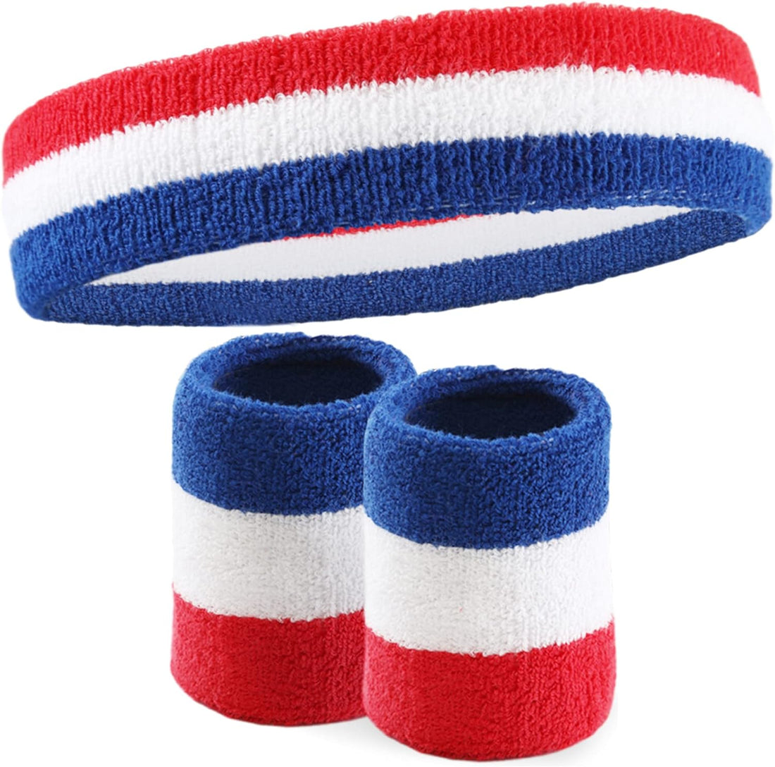 Sweatbands Set - Head & Wrist Sweat Bands - Terry Cloth Sweatbands for Tennis, Working Out, Sports, Basketball, Gym, Exercise - Headband & Wristbands for Men & Women - Stretchy & Soft Cotton