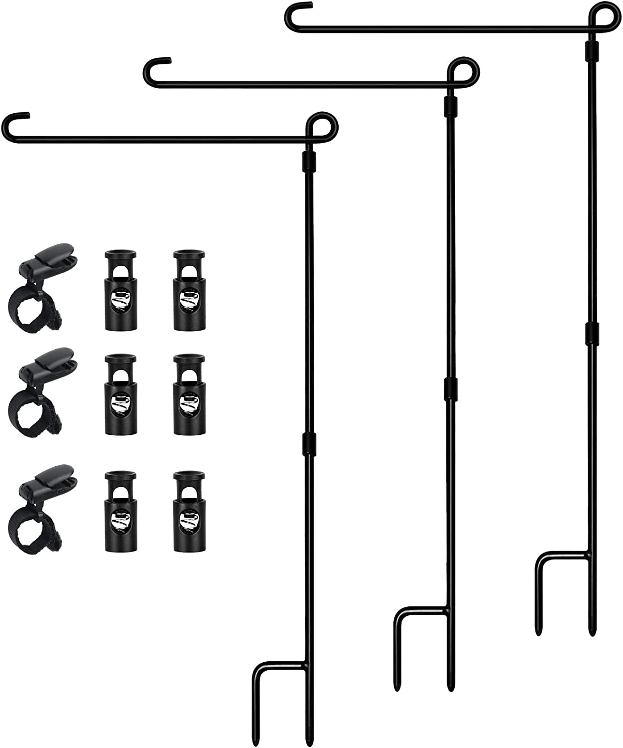Garden Flag Stand, Premium Garden Flag Pole Holder Metal Powder-Coated Weather-Proof Paint with One Tiger Clip and Two Spring Stoppers without Flag 3 Pack