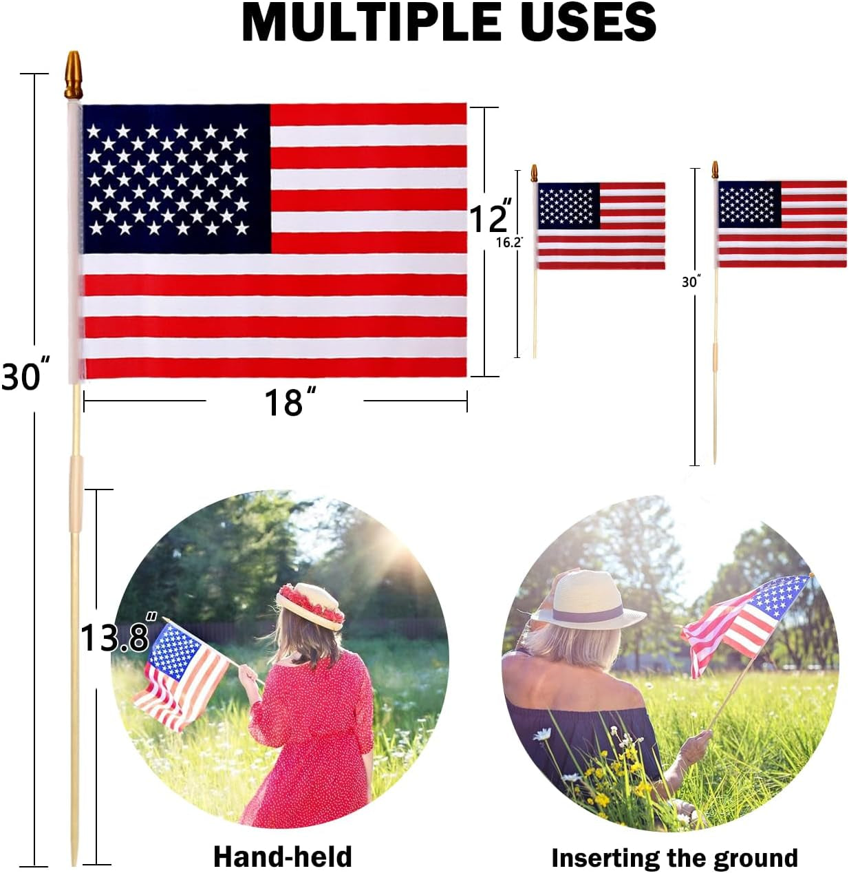 50 Pcs 12X18 Inch American Flags on Stick, American Flags, USA Stick Flag with Handheld and Grounded Multi-Purpose Flagpole, Design for Memorial Day, 4Th of July, Veterans Day