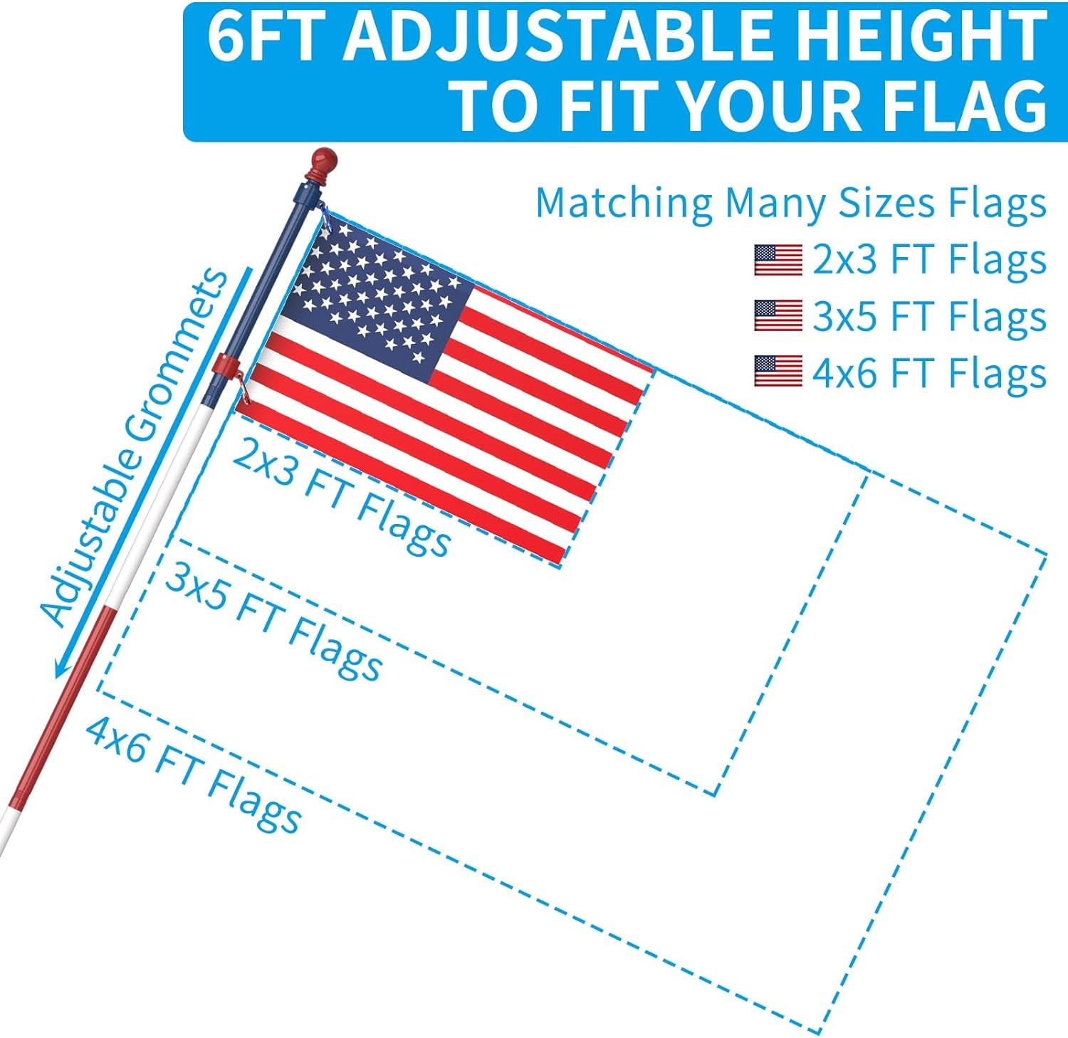 ZMTECH Flag Pole - Upgraded Bracket, 6 FT Stainless Steel Flag Poles for outside House, Residential or Commerical, Tangle Free Flag Pole Kit for American Flag (Without Flag, Blue&Red)
