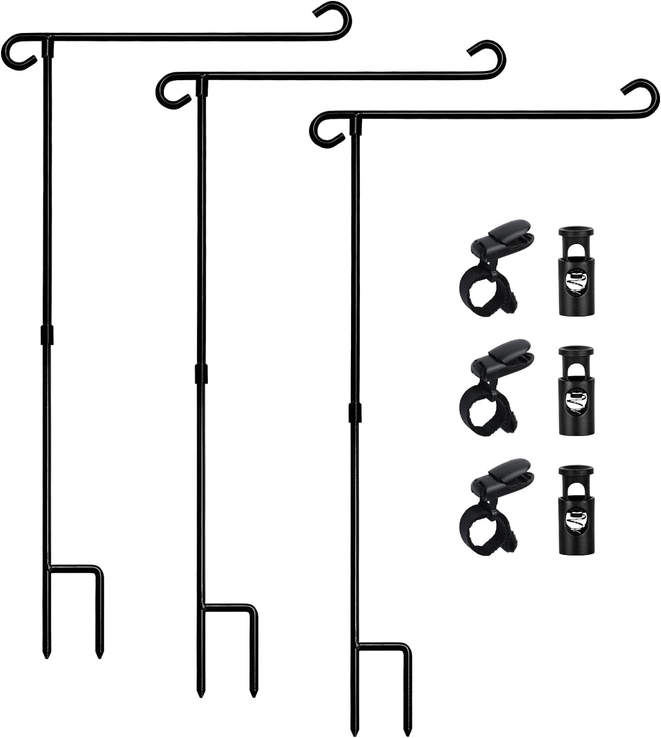 HOOSUN Garden Flag Stand Holder Pole Easy to Install Strong Sturdy Wrought Iron Fits 12.5" X 18" Mini Flag with 1 Tiger Clip Curved Hook with S Type (3 Pack)