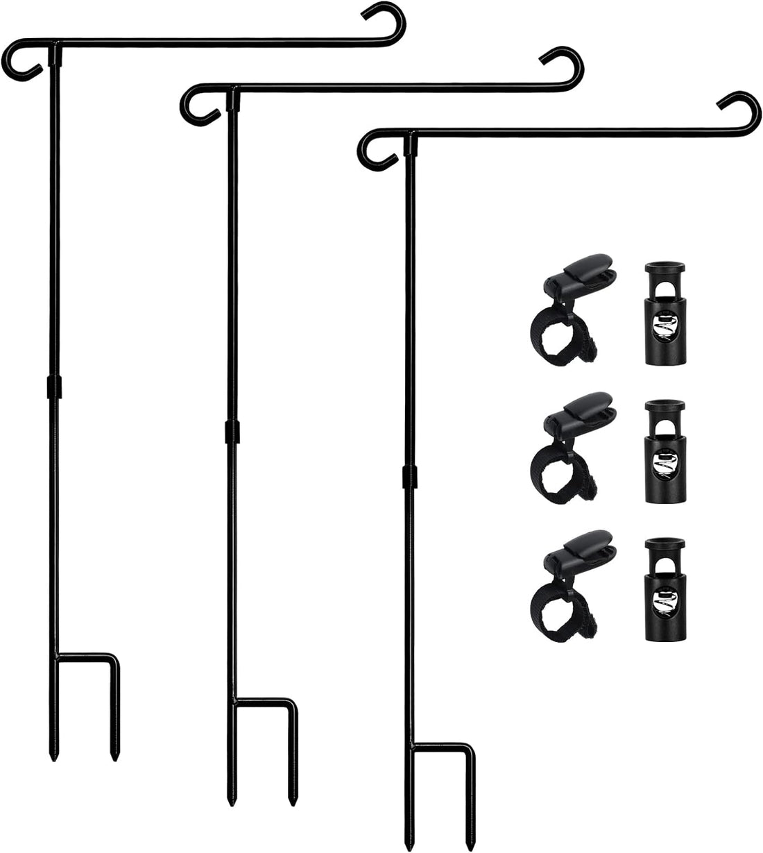 HOOSUN Garden Flag Stand Holder Pole Easy to Install Strong Sturdy Wrought Iron Fits 12.5" X 18" Mini Flag with 1 Tiger Clip Curved Hook with S Type (3 Pack)