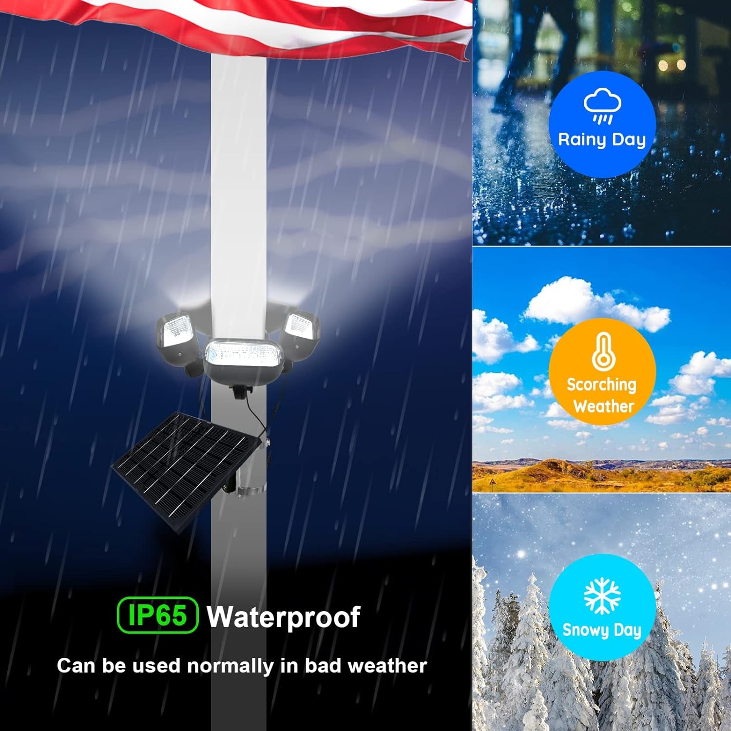Solar Flag Pole Light for 15-40Ft Flagpole 3 Super-Spotlights 12000 Mha，Adjustable Clamps Fits 3-6''Diameter Inground Poles Flag Poles Coverage-Light up American Flag Outdoor with from Dusk to Dawn