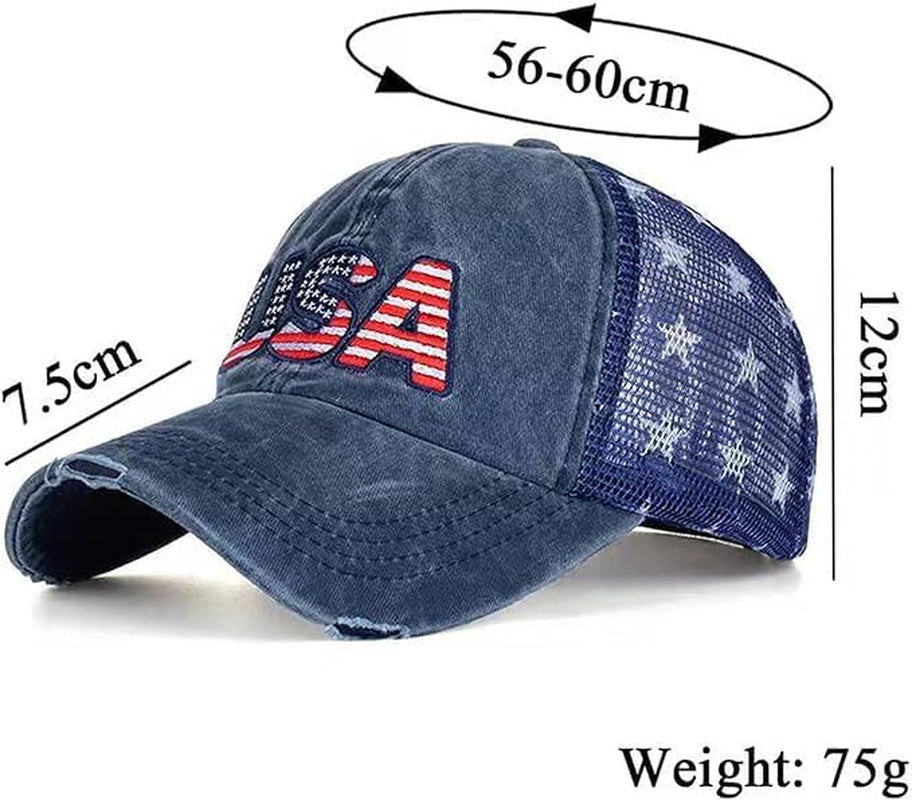 Patriotic-Usa-Baseball-Caps Woman-Man-Washed-Worn-Out-Mesh-Sun-Hat for 4Th July (Size M)