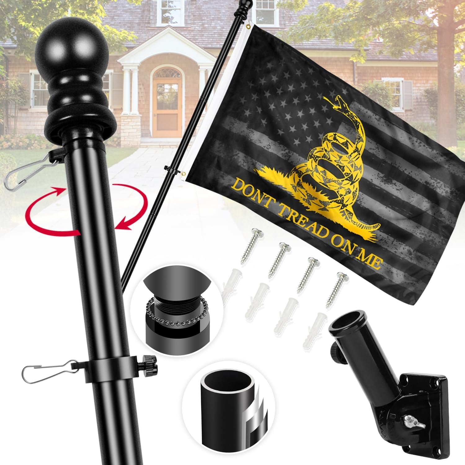 Dont Tread on Me Flag with Poles for outside House, 6Ft Aluminum No Tangle Spinning Flag Pole, 180° Multi- Position Mounting Bracket, 3X5 Ft Double Sided Gadsden Flag, Wind Resistant Pole Kit (Black)