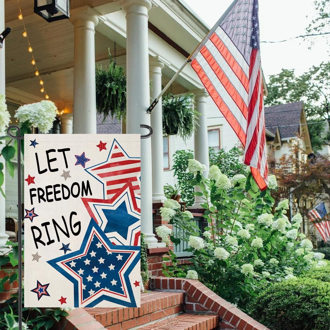 Patriotic Garden Flags for Outside, 4Th of July Star LET FREEDOM RING House Flag, Large Independence Day Yard Decorations 28X40 Inch Double Sided