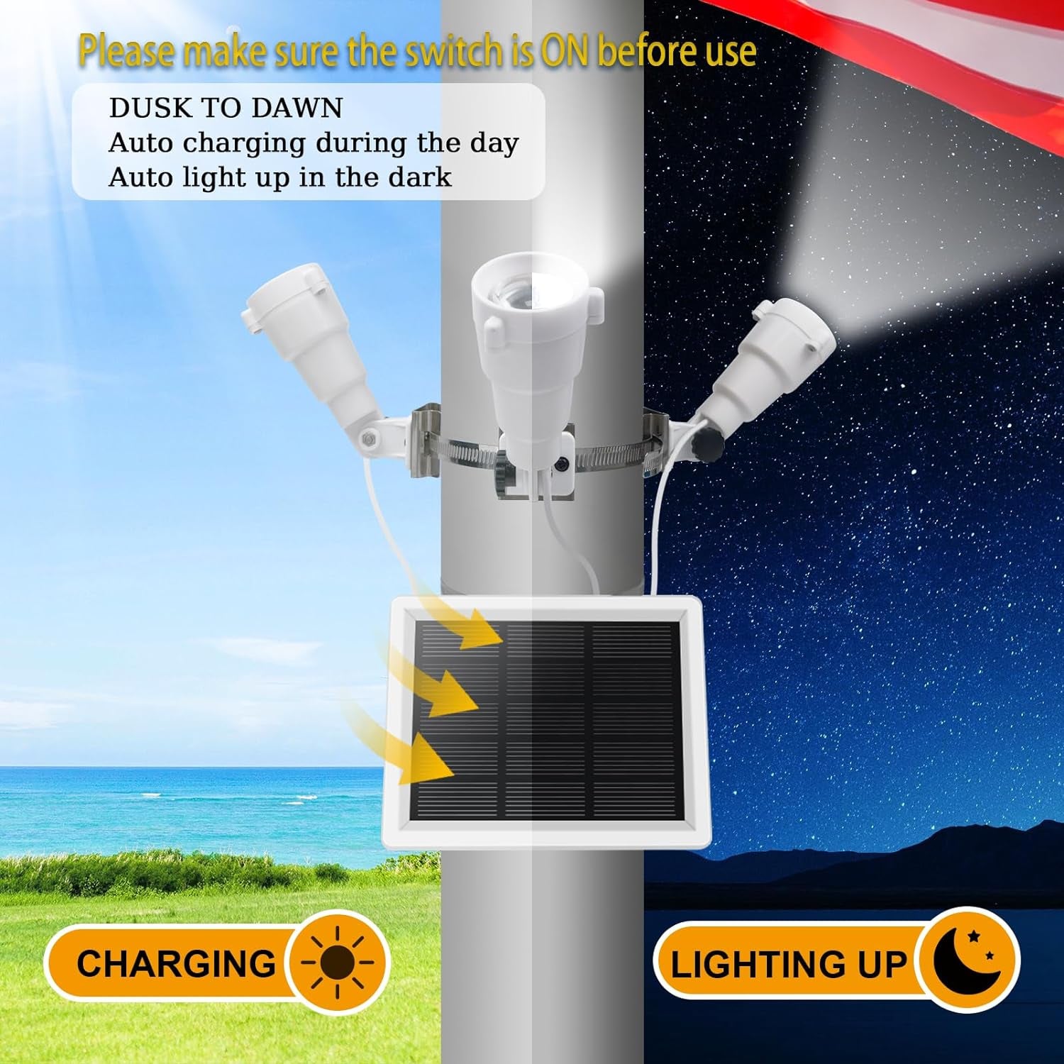 Flag Pole Light Solar Powered, 3 Super-Spotlights PC Crystal LED, IP65 Waterproof Flagpole Light Solar Powered Fits 2-3.5''Flag Poles, 360 Degrees of Flag Illumination Flag Ground House