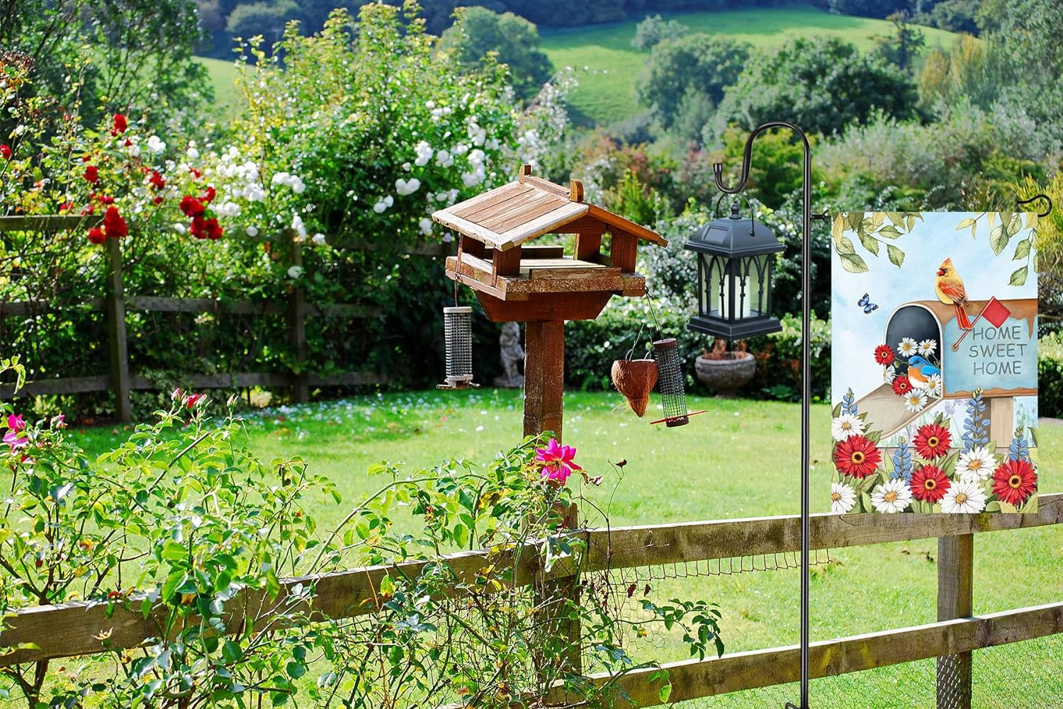 Akeydeco Garden Flag Stand and Shepherd Hook,36 Inch Garden Flag Pole Holder with One Tiger Clip and Two Spring Stoppers for Bird-Feeder Lantern Plant-Hook Garden-Stake Seasonal Flags