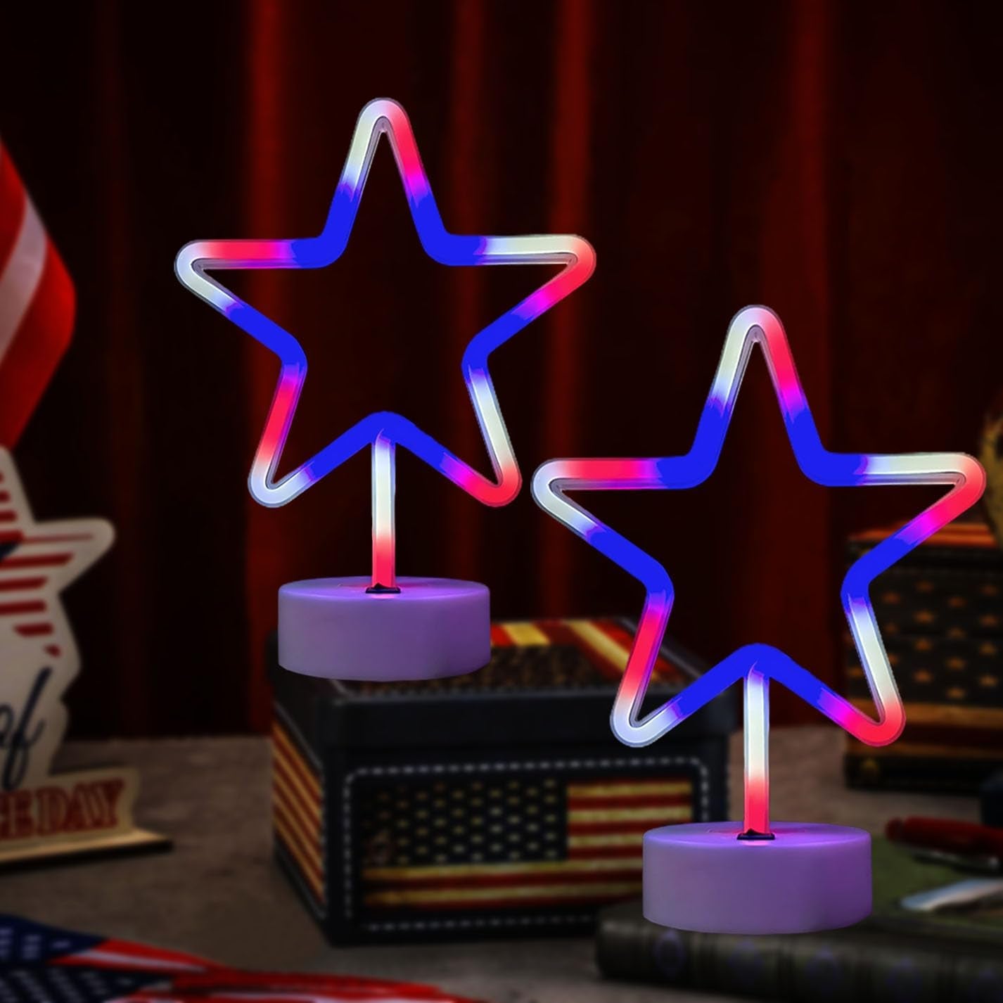 4Th of July Decorations, 2PCS Red White and Blue Lights, Big LED Neon Star Patriotic Lights, USB & Battery Powered Night Light for Independence Day Memorial Day Home Bar Table Centerpiece Decor