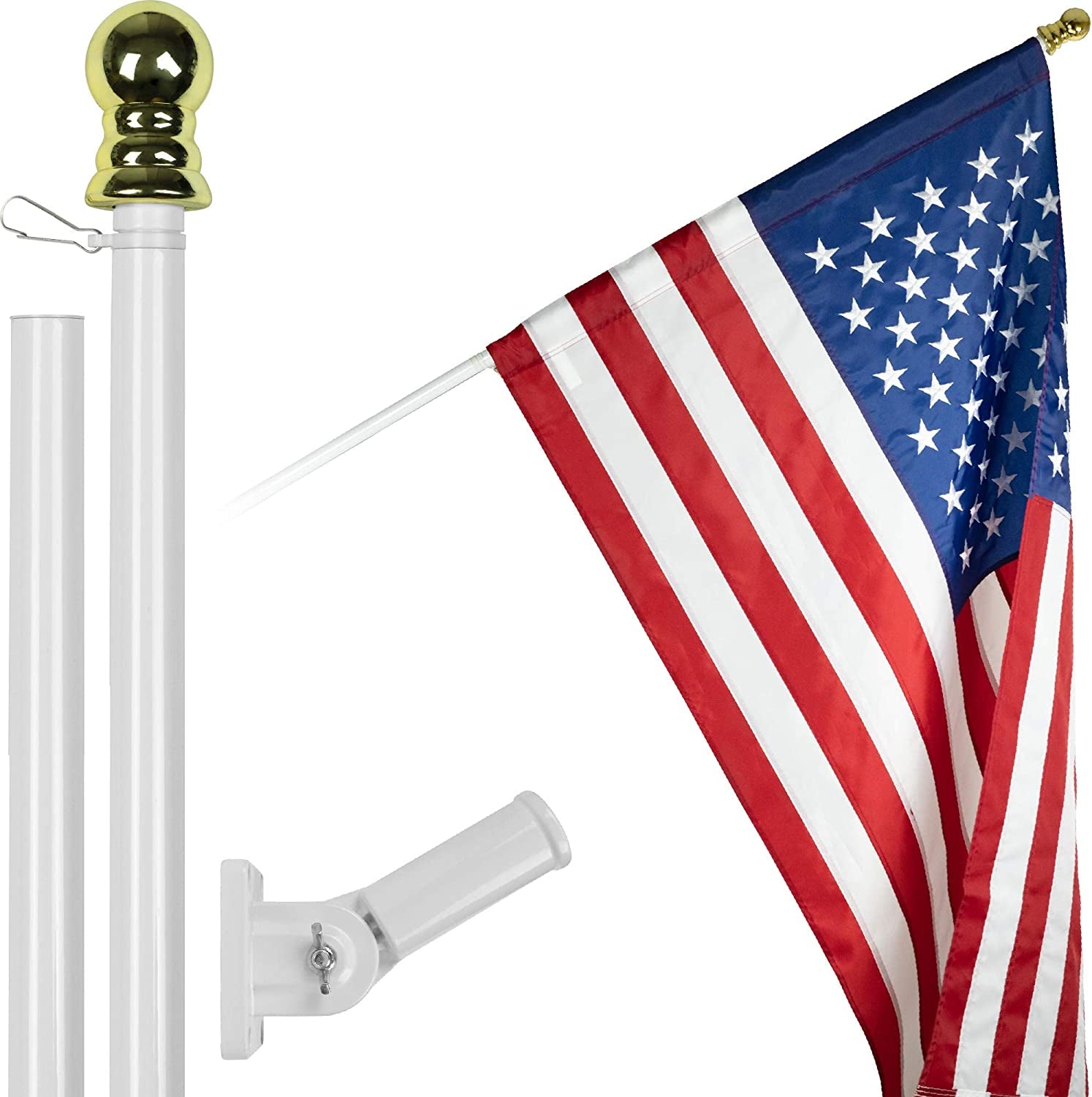 G128-6 Feet Tangle Free Spinning Flagpole (White/Silver) American Flag Pole Sleeve Embroidered 3X5 Ft American Flag Pole Sleeve (Flag Included) Aluminum Flag Pole