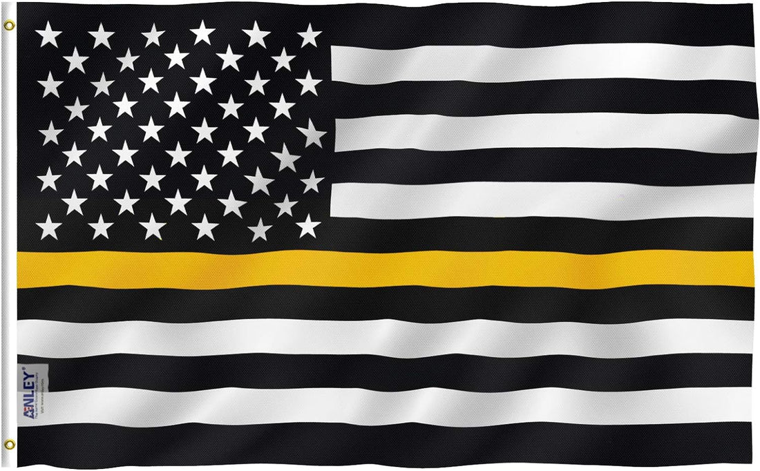 Anley Fly Breeze 3X5 Foot Thin Gold Line USA Polyester Flag - Vivid Color and Fade Proof - American Honoring 911 Operators, Police Dispatchers Flags with Brass Grommets 3 X 5 Ft