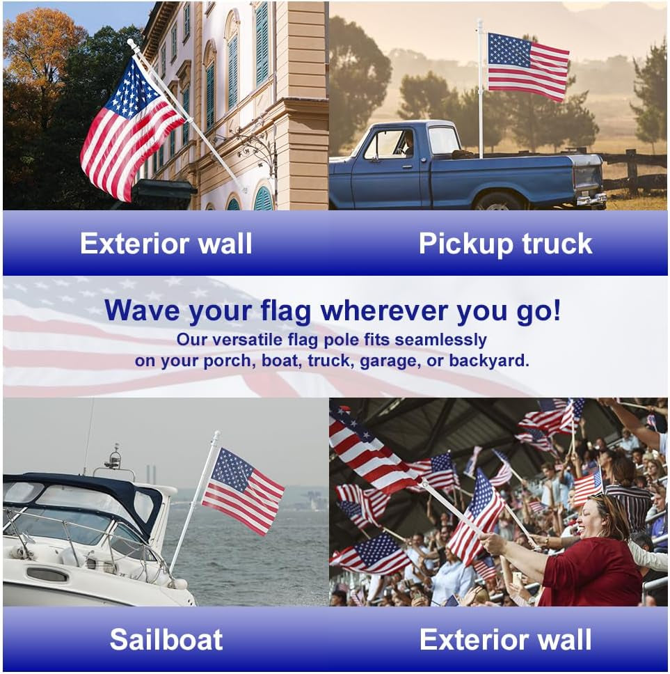 Flag Pole for Kit, 5FT White Tangle Free Porch Metal Aluminum Flagpole with Upgraded Bracket for 3X5 American Flag, White Adjustable Outdoor Flag Poles for Porch, Outside, Truck,Yard, Garden