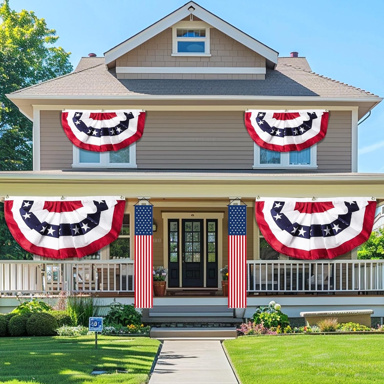 4 Pcs 4Th of July Decor Set, 2 Large 3X6 Ft American Pleated Fan Flag Bunting, 2 USA Flag 71X12" Hanging Porch Banner for Front Door Home Outdoor Patriotic Independence Day Memorial Day Party Supplies