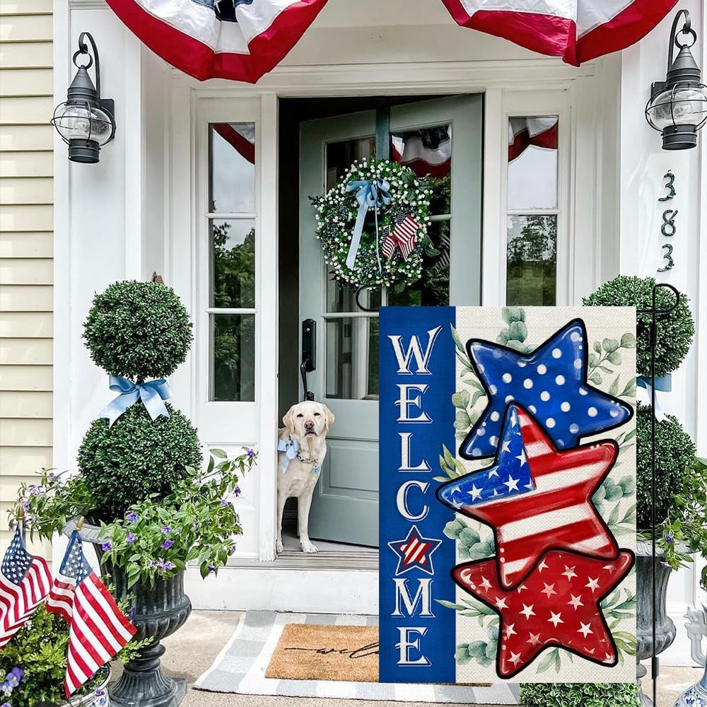 CROWNED BEAUTY 4Th of July Patriotic Stars House Flag 28X40 Inch Double Sided Large Burlap for outside Independence Day Welcome Yard Flag CF1526-40