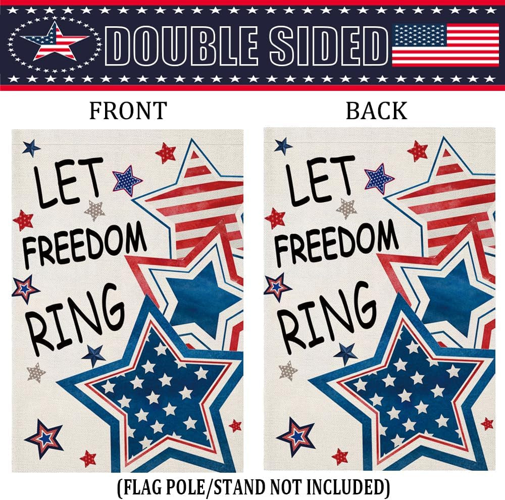 4Th of July Garden Flags 12X18 Inch Double Sided, Patriotic Stars LET FREEDOM RING Yard Flag, Small Independence Day Decoration for Outside