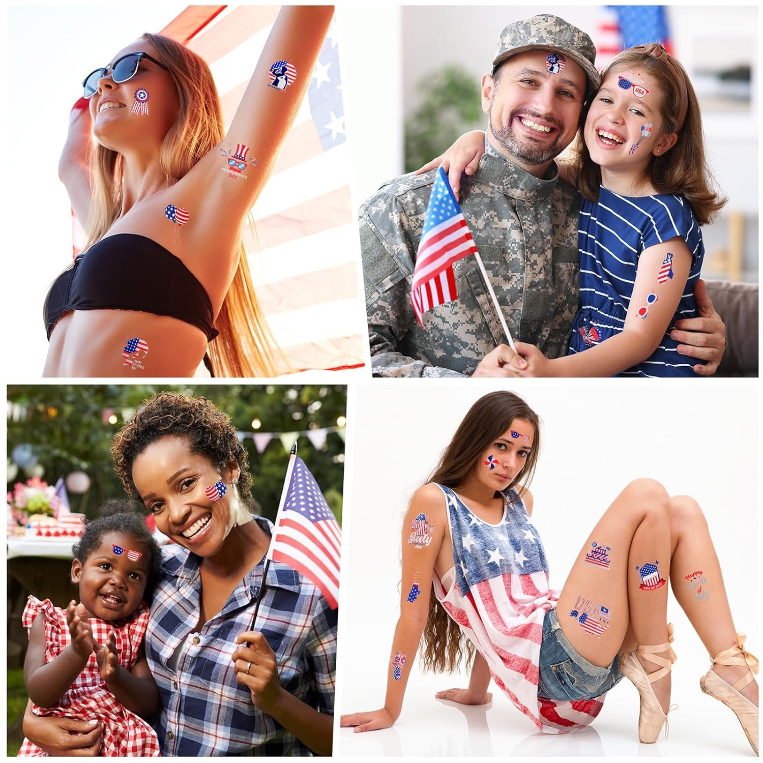 4Th of July Temporary Tattoos, Metallic USA Fourth of July Patriotic Tattoos | American Flag Red White and Blue Face Tattoo Stickers, Independence Day Memorial Day Party Accessories Decoration