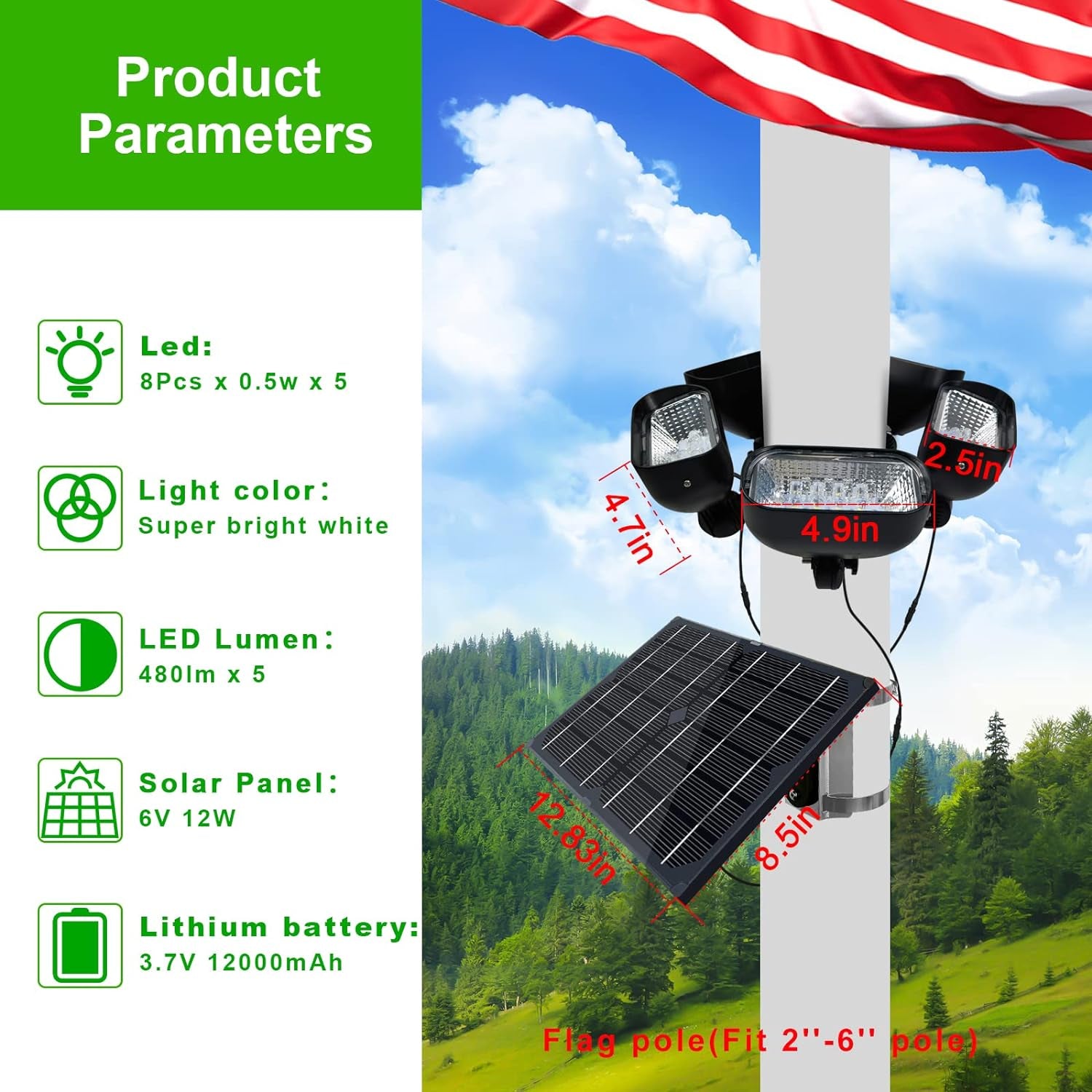 Solar Flag Pole Light for 15-40Ft Flagpole 3 Super-Spotlights 12000 Mha，Adjustable Clamps Fits 3-6''Diameter Inground Poles Flag Poles Coverage-Light up American Flag Outdoor with from Dusk to Dawn