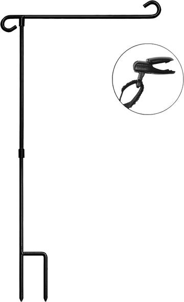 HOOSUN Garden Flag Stand Holder Pole Easy to Install Strong Sturdy Wrought Iron Fits 12.5" X 18" Mini Flag with 1 Tiger Clip Curved Hook with S Type (1)