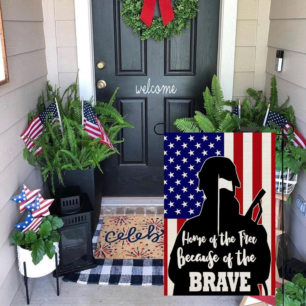 CROWNED BEAUTY 4Th of July Memorial Day Soldier Garden Flag 12X18 Inch Double Sided for outside Small Burlap Patriotic Independence Day Because of the Brave Yard Flag