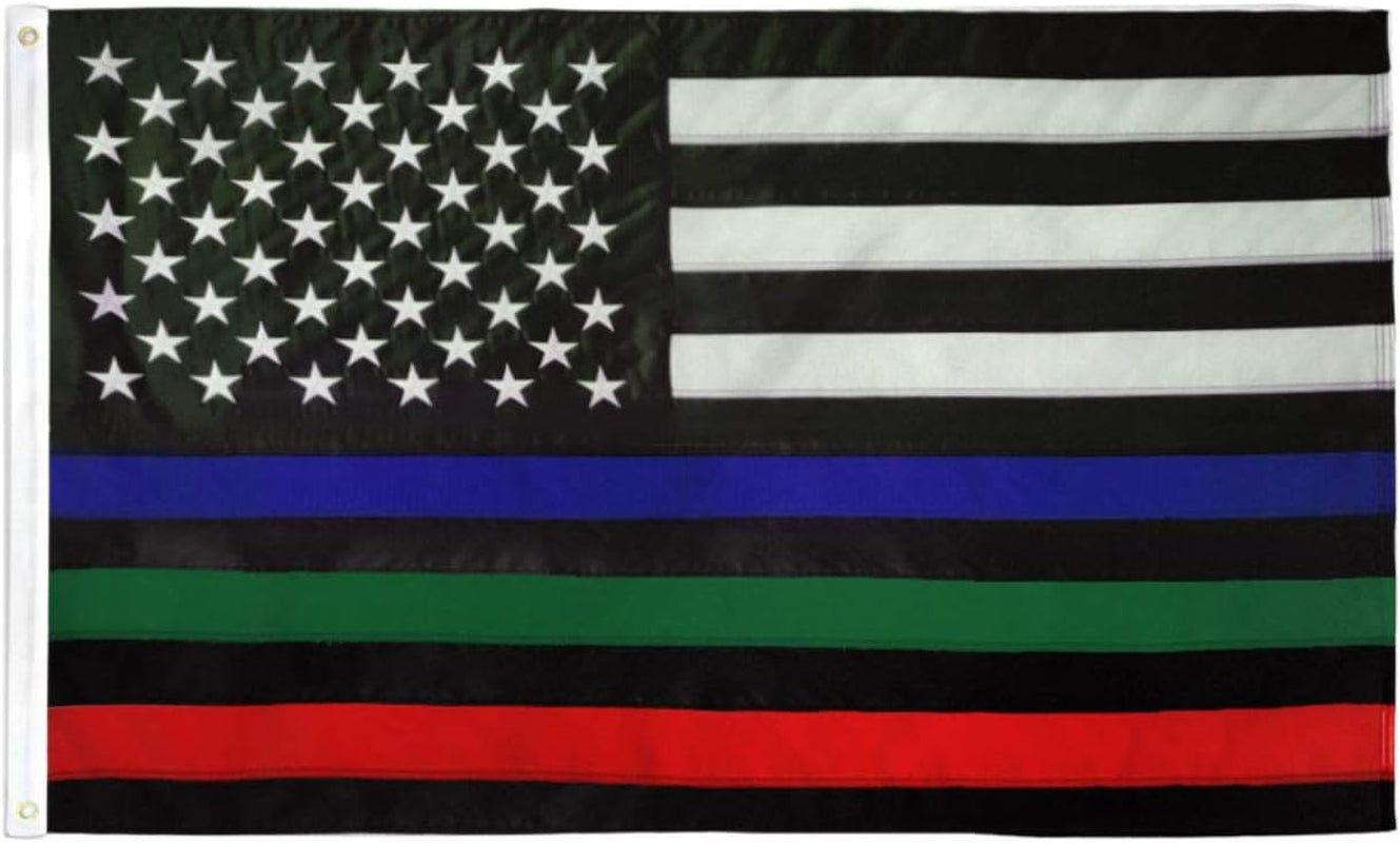 Thin Blue Green Red Line USA Flag 3X5 Ft - Outdoor Heavy Duty Nylon Flag for High Winds, Support the Police Law Enforcement Firefighters Flag - Black White American Flag - House Room Roof Garden Flag