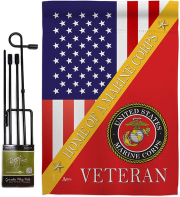 Home of Marine Corps Garden Flag - Set with Stand Armed Forces USMC Semper Fi United State American Military Veteran Retire Official - House Banner Small Yard Gift Double-Sided 13 X 18.5