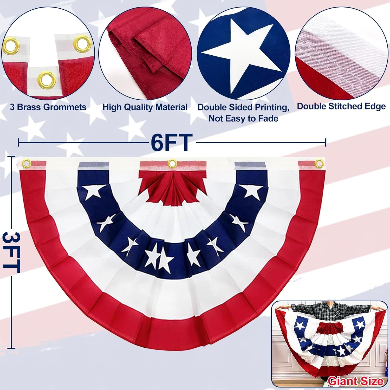4 Pcs 4Th of July Decor Set, 2 Large 3X6 Ft American Pleated Fan Flag Bunting, 2 USA Flag 71X12" Hanging Porch Banner for Front Door Home Outdoor Patriotic Independence Day Memorial Day Party Supplies
