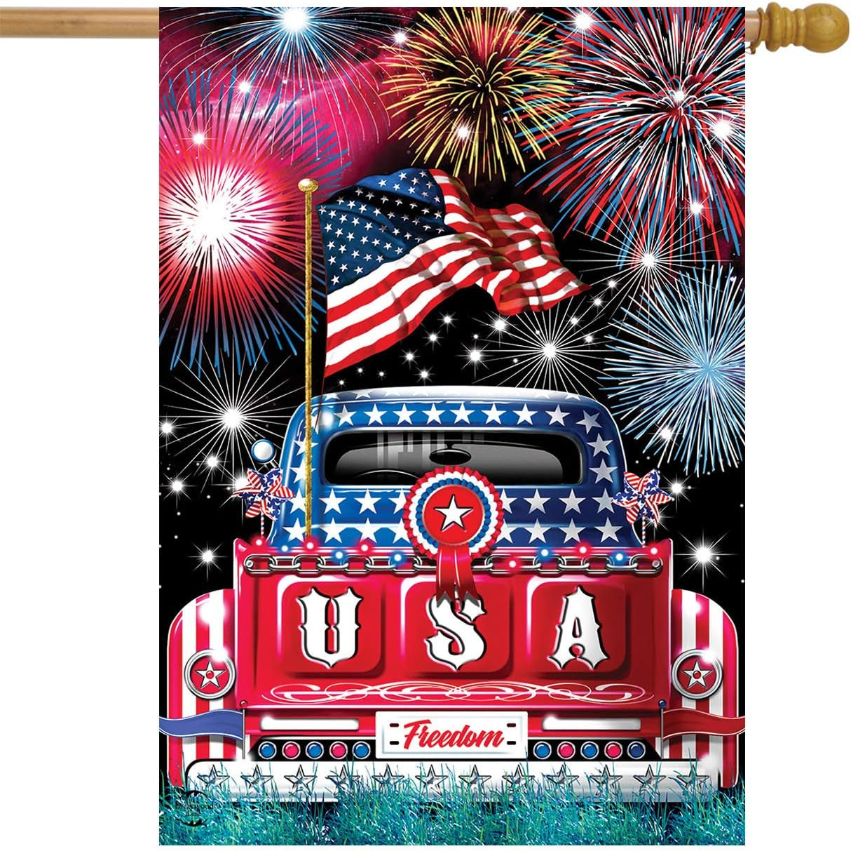 USA Pickup Patriotic House Flag Fireworks Fourth of July 28"X40" Briarwood Lane