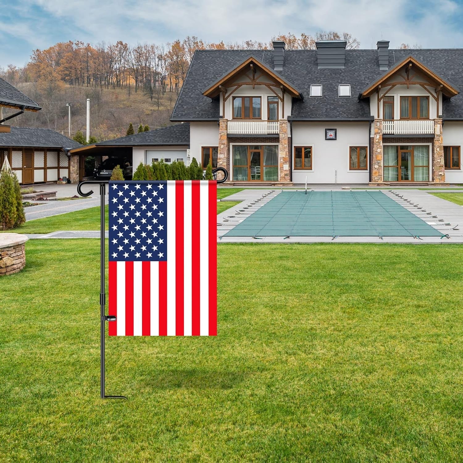 HOOSUN Garden Flag Stand Holder Pole Easy to Install Strong Sturdy Wrought Iron Fits 12.5" X 18" Mini Flag with 1 Tiger Clip Curved Hook with S Type 2 Pack