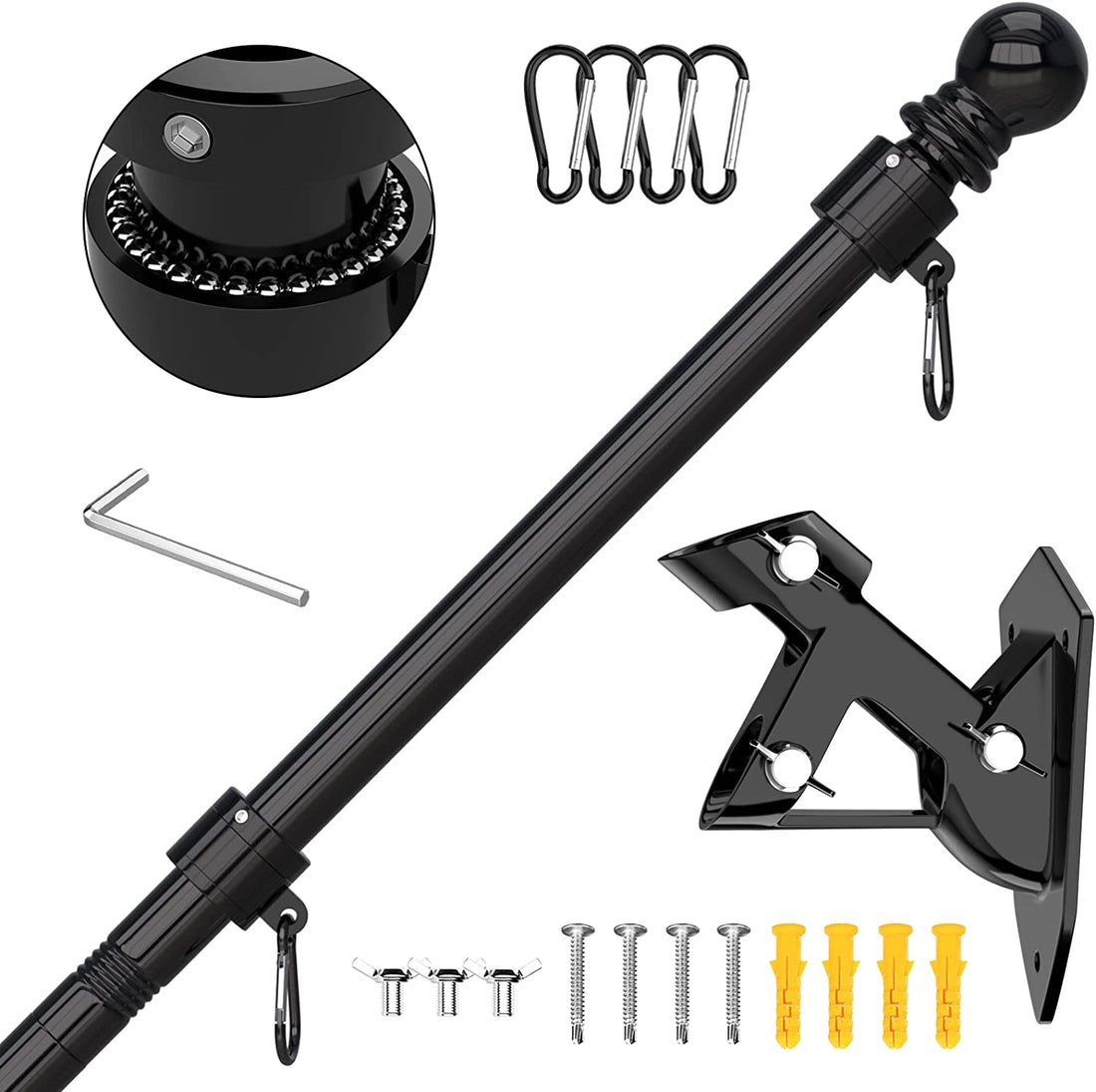 Flag Pole - Tangle Free Flagpole with Upgraded Bracket, 5 FT Stainless Steel Flag Poles for outside House, Residential or Commerical - Flag Pole Kit for Proud American Flag (Without Flag, Black)