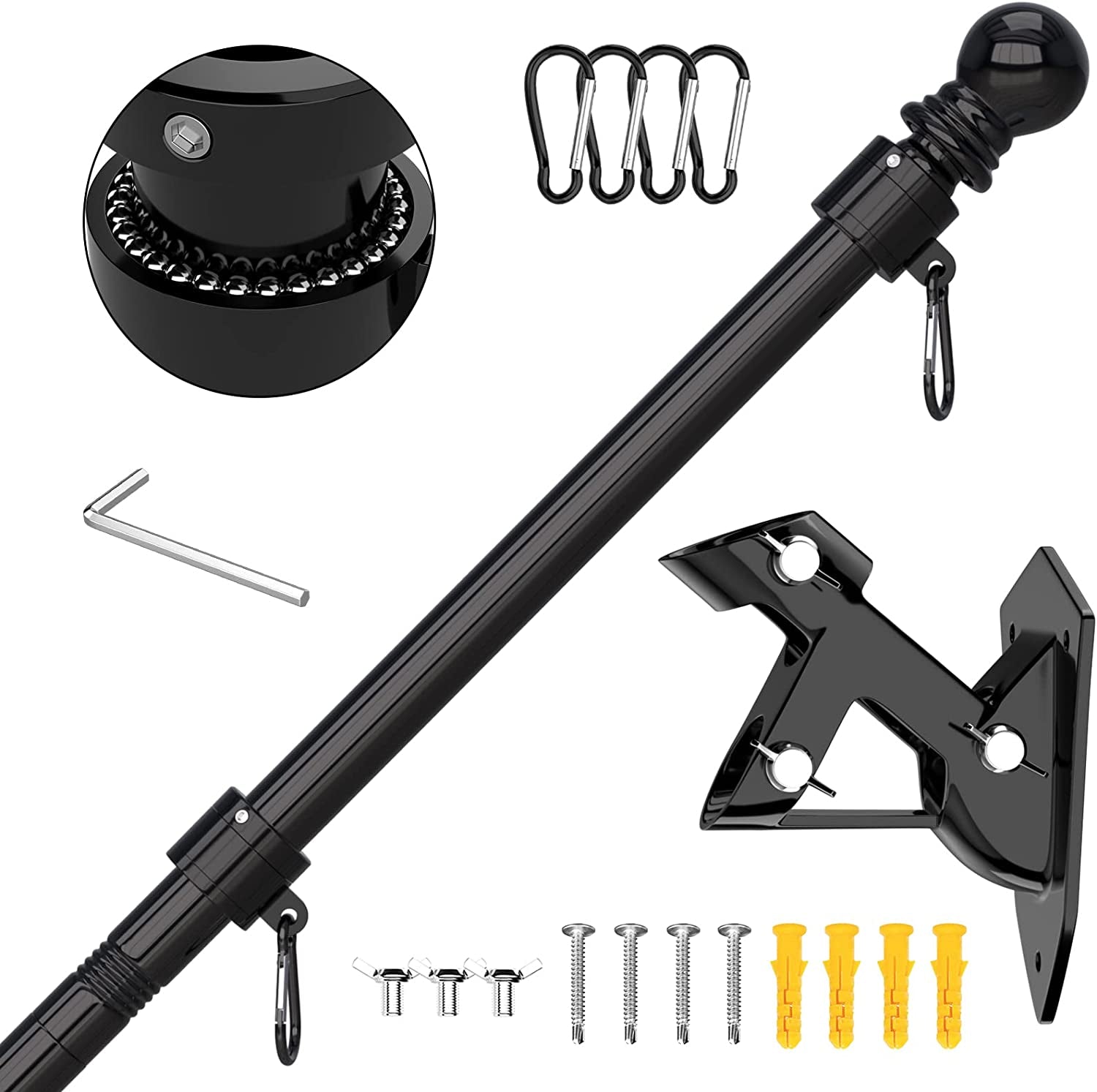 Flag Pole - Tangle Free Flagpole with Upgraded Bracket, 5 FT Stainless Steel Flag Poles for outside House, Residential or Commerical - Flag Pole Kit for Proud American Flag (Without Flag, Black)