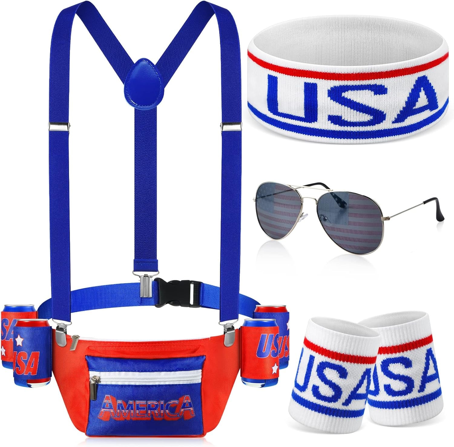 America Flag USA 4Th of July Fanny Pack Patriotic Beverage Beer Belt Costume Set Outfit Accessories with Drink Holder Sunglasses Striped Sweatband