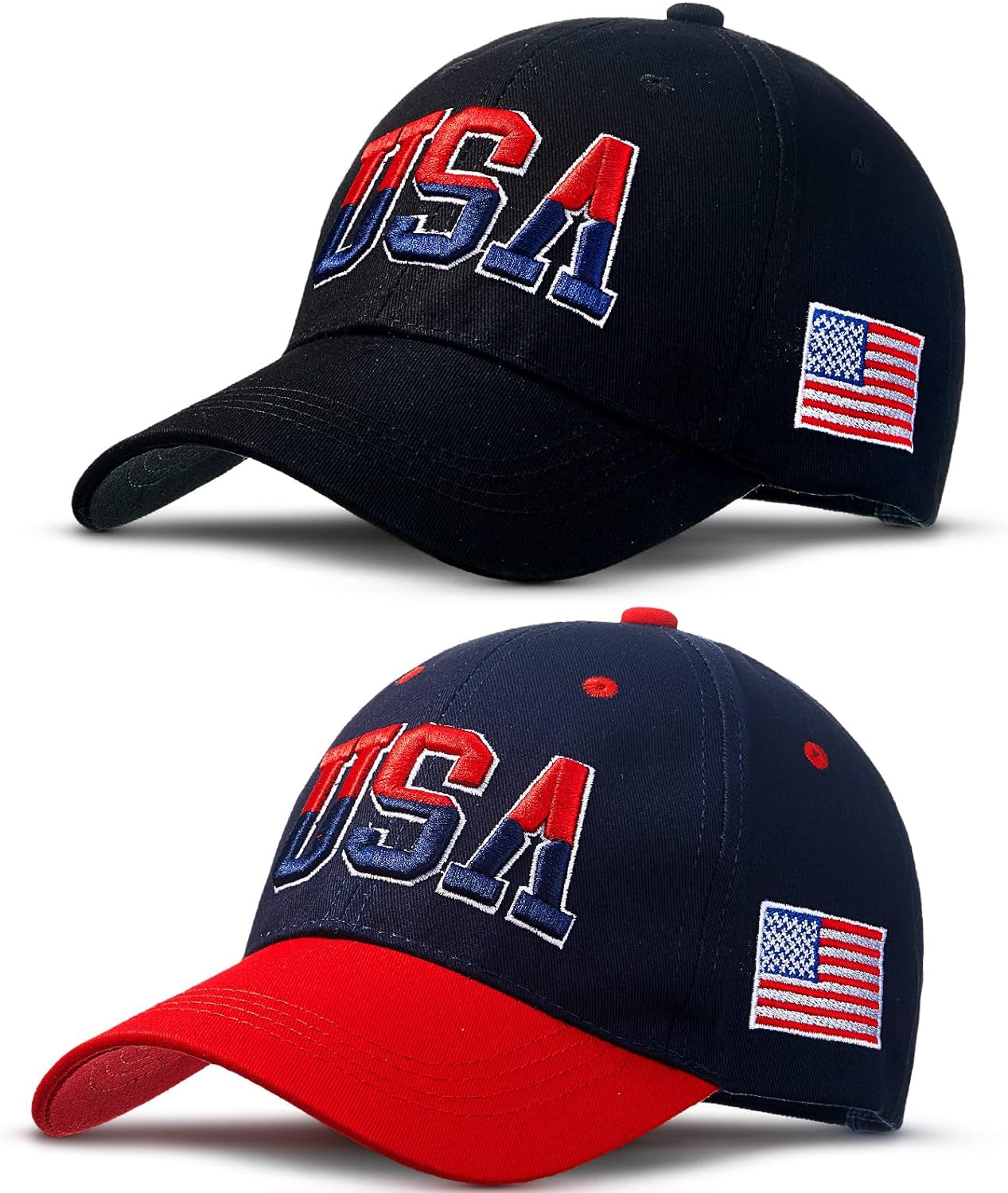 2 Pieces Patriotic Baseball Cap Adjustable Cotton Dad Hat USA Embroidered American Flag Cap for Men Women