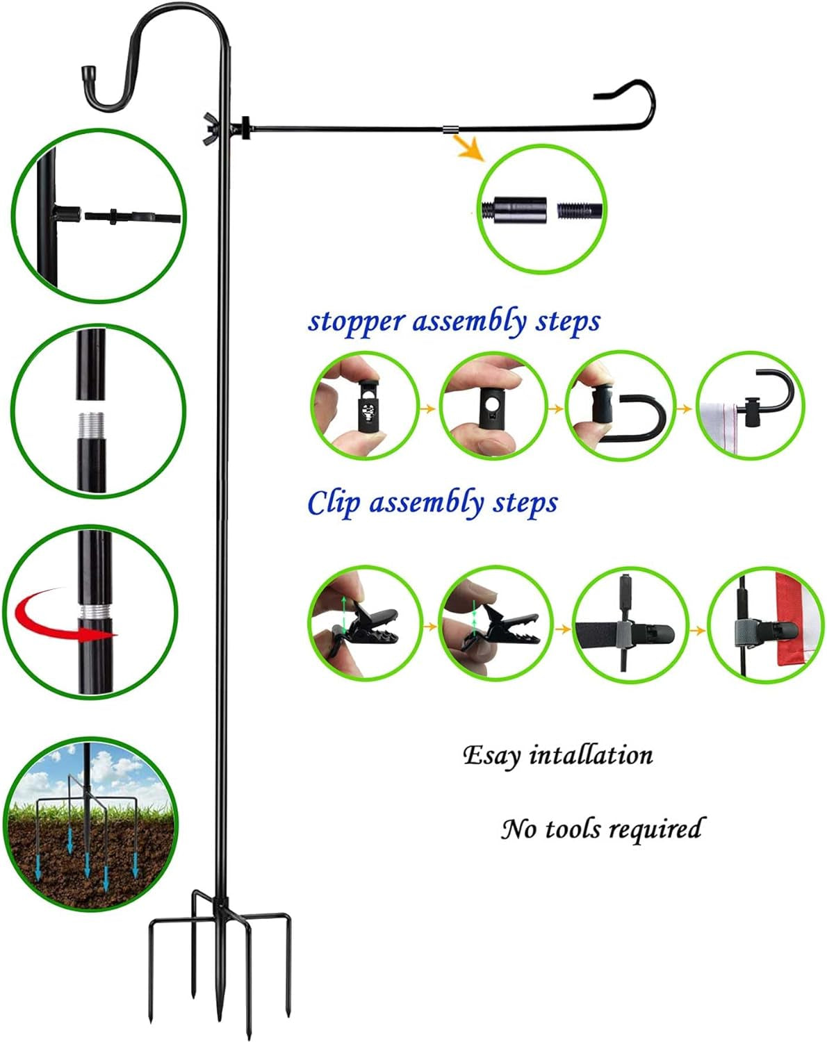 Garden Flag Stand and Shepherd Hook,76 Inch Garden Flag Pole Holder for 28 X 40 Inch Garden Flags with Tiger Clip and Spring Stoppers for Bird-Feeder Plant-Hook Garden-Stake Seasonal Flags 1 Pack