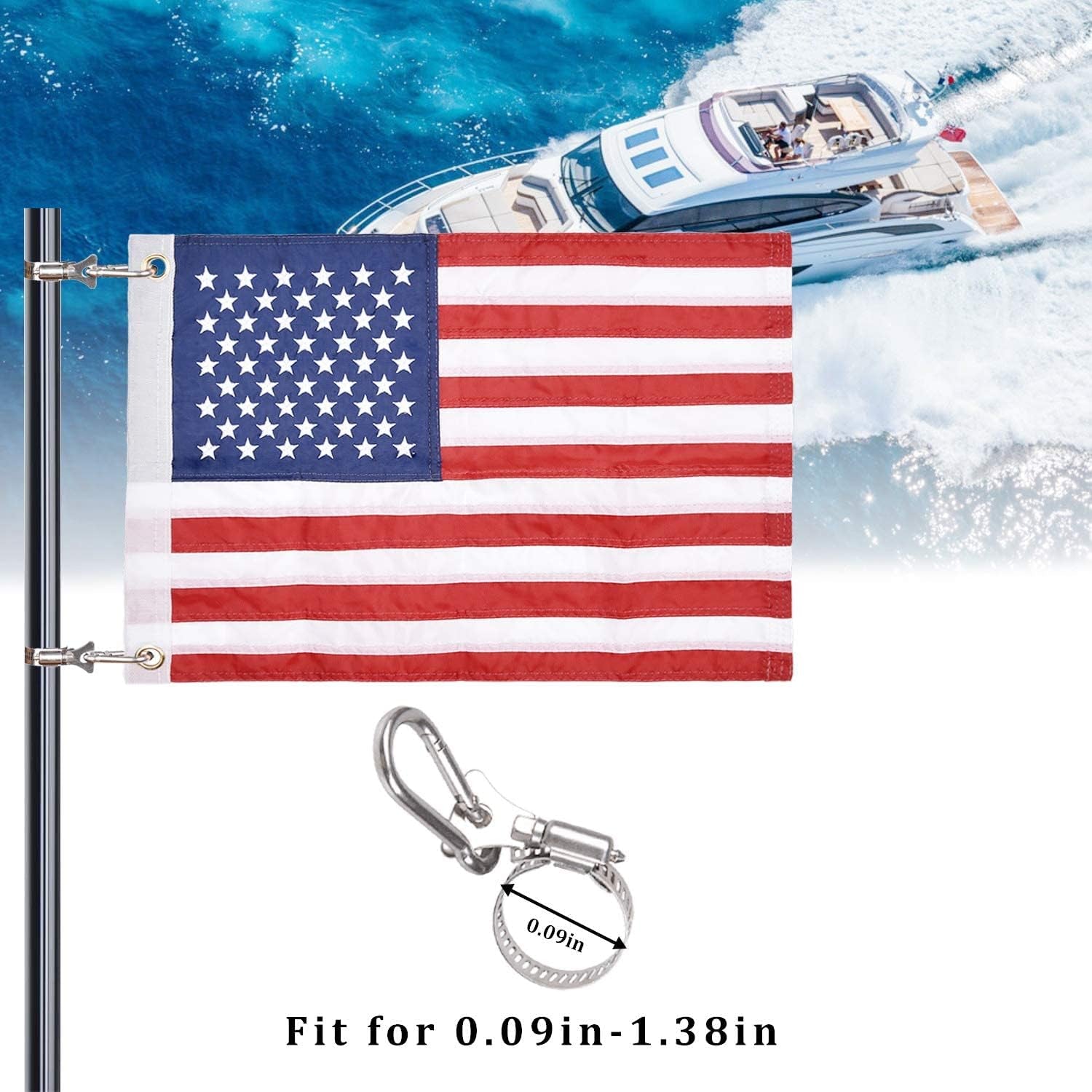 2Pcs Universal Boat Flag Marine 16"X24" with 4 Boat Flag Pole Kits USA Flag with 50 Embroidered Stars American Boat Flag