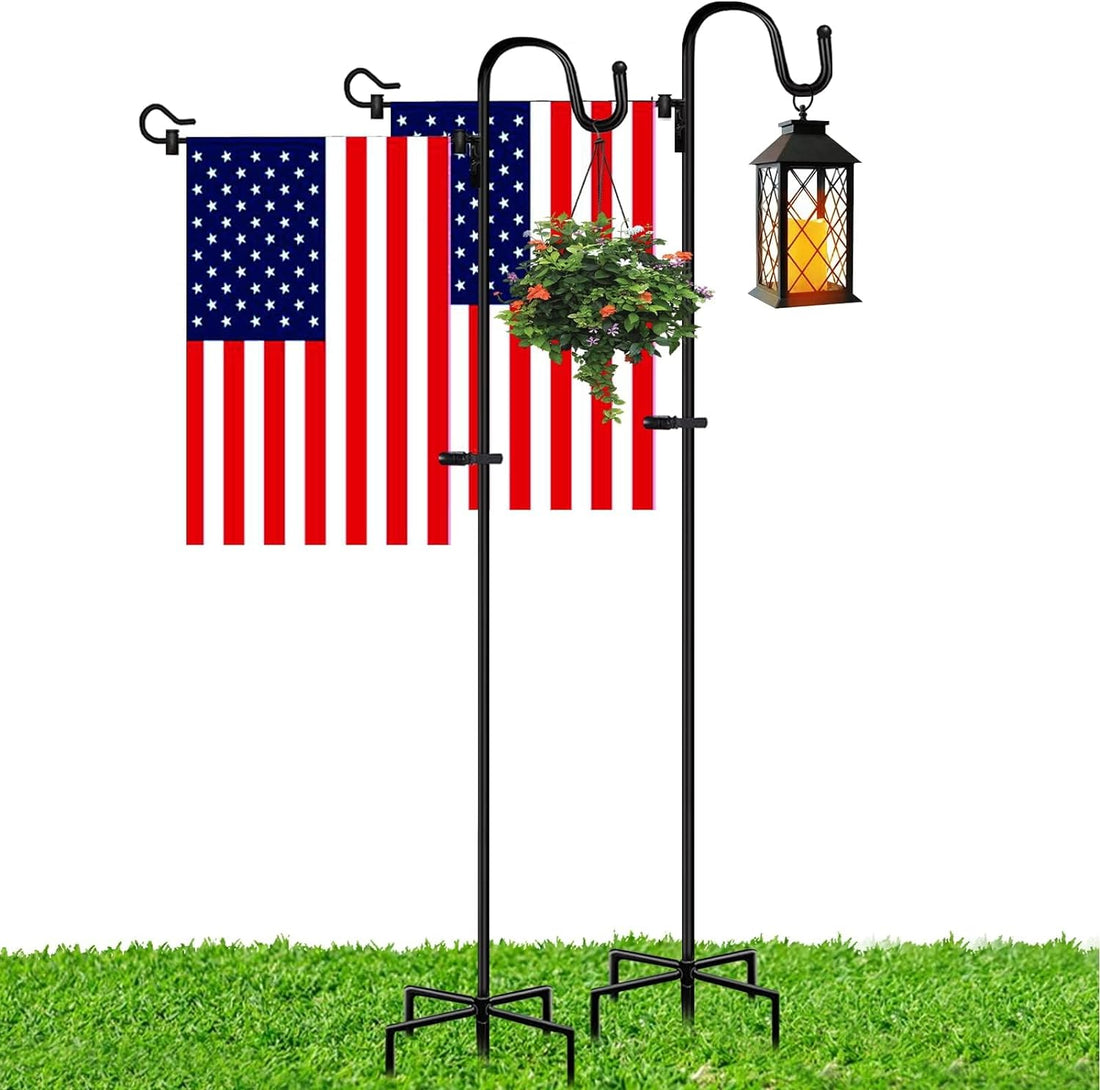 Garden Flag Stand Adjustable Heavy Duty Flag Pole Holder with American Flag 65Inch Shepherds Hook for Hanging Flag Bird Feeder Solar Lights Plant Hanger Etc Outdoor Garden Yard Flag Pole Kit (2 PCS)