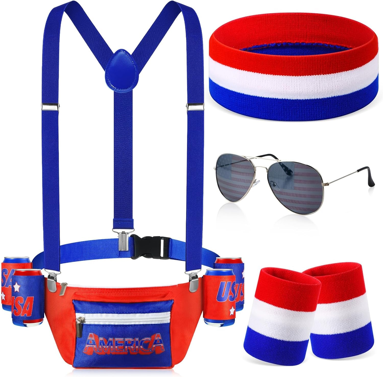 America Fanny Pack USA 4Th of July Patriotic Beverage Beer Belt Costume Set Outfit Accessories with Drink Holder Sunglasses Striped Sweatband Men