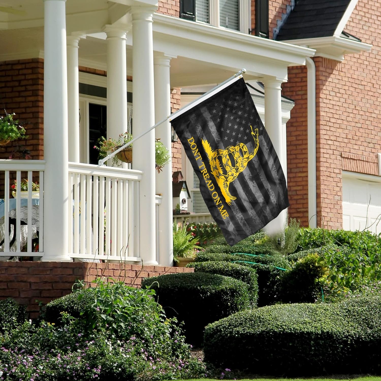 Dont Tread on Me Flag with Poles for outside House, 6Ft Aluminum No Tangle Spinning Flag Pole, 180° Multi- Position Mounting Bracket, 3X5 Ft Double Sided Gadsden Flag, Wind Resistant Pole Kit (Black)