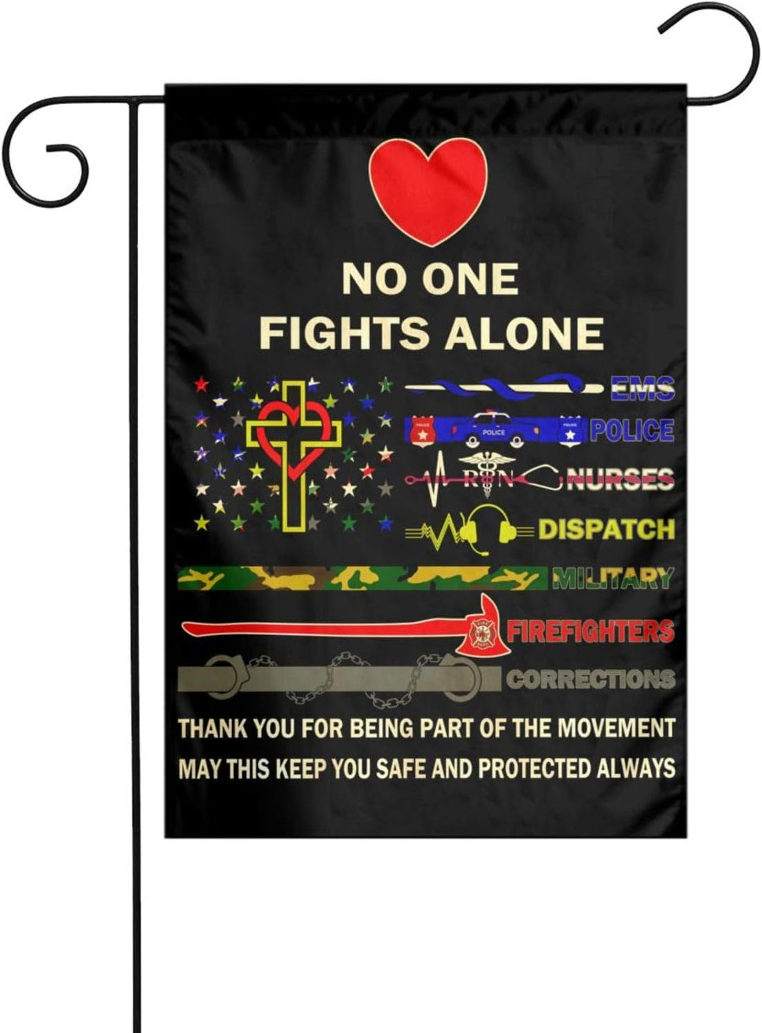 No One Fights Alone Multi Thin Line First Responders Double Sided Vertical Garden Flag 12 X 18 Inch Indoors Outdoors Perfect Decoration