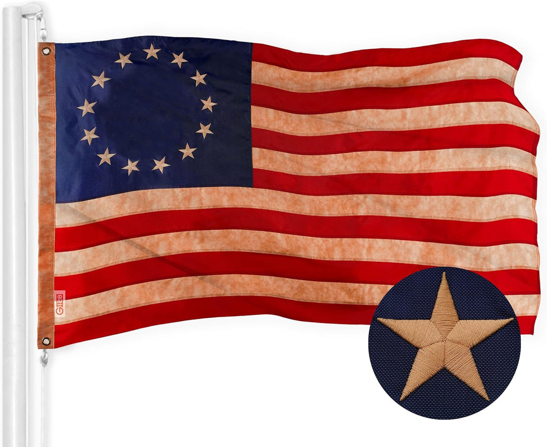 G128 Betsy Ross Tea-Stained Flag | 1X1.5 Ft | Toughweave Pro Series Embroidered 420D Polyester | Historical Flag, Embroidered Design, Indoor/Outdoor, Brass Grommets