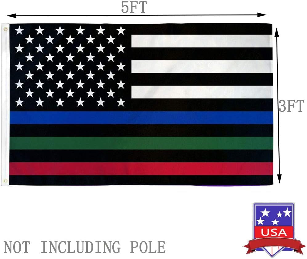 Thin Blue Red Green Line American Flag 3X5 Outdoor- Heavy Duty Police Firefighter Military Army Fireman USA Flags Blue Red Green Lives Matter Stripe Flag with Grommets