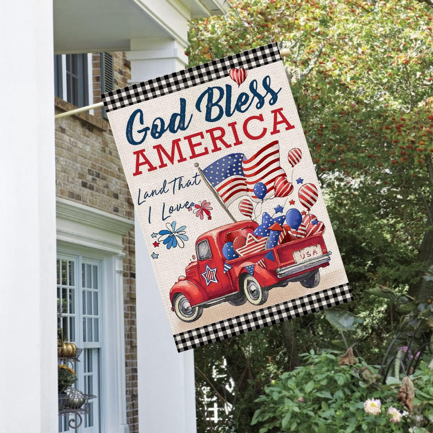 4Th of July Flags 3X5 Ft for Outside, Patriotic American Truck with Flags Buffalo Plaid Double Sided Big Large Yard Flags,Seasonal Banners Decorations with Brass Grommets for Outdoor Farmhouse Holiday