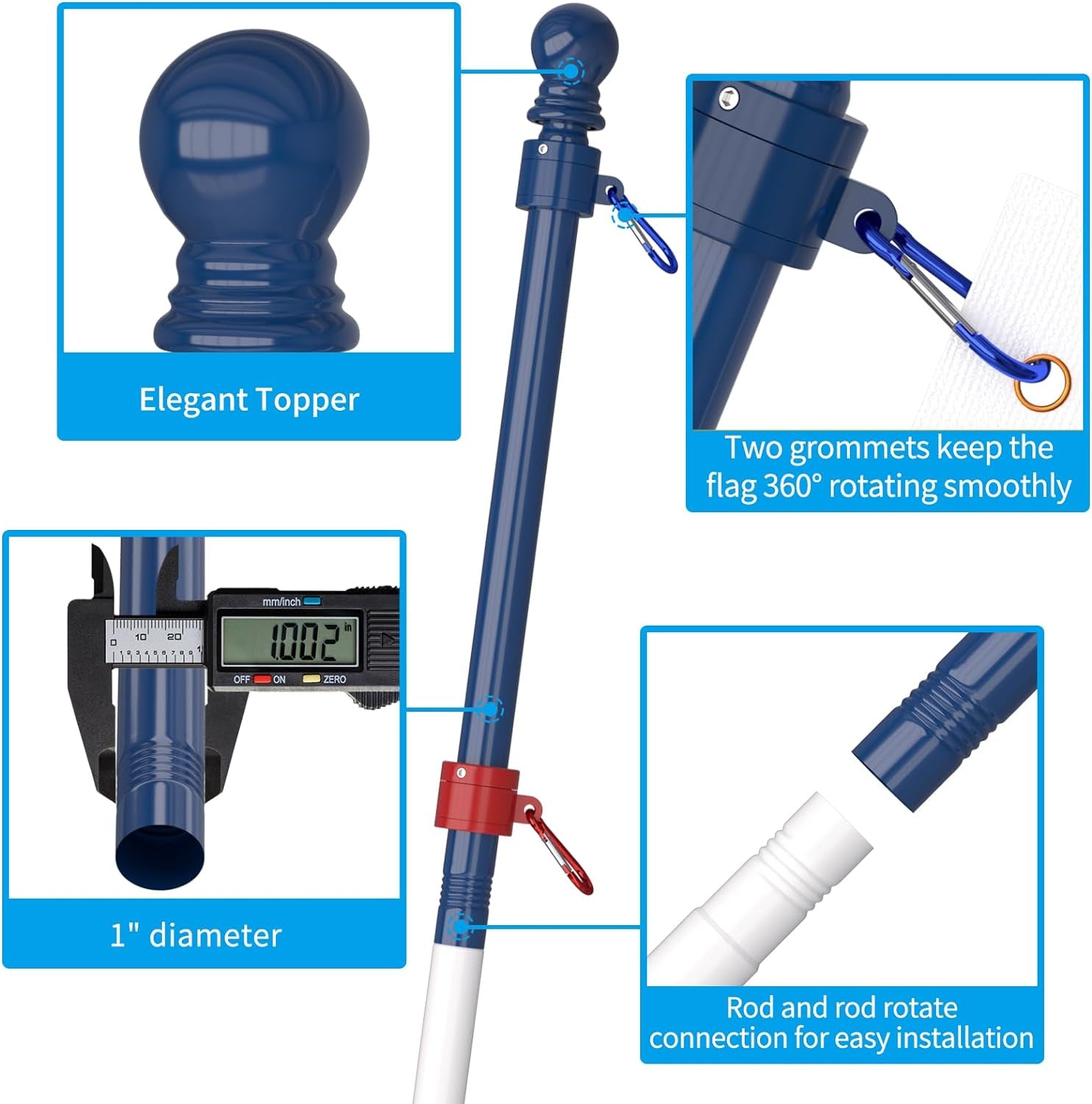 ZMTECH Flag Pole - Upgraded Bracket, 6 FT Stainless Steel Flag Poles for outside House, Residential or Commerical, Tangle Free Flag Pole Kit for American Flag (Without Flag, Blue&Red)
