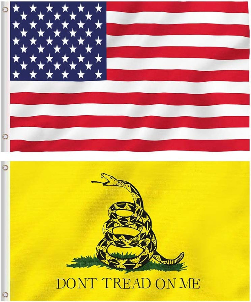 American USA Flag and Gadsden Don'T Tread on Me Flag, 2 Polyester Flags, 3 X 5FT, Bright Colors and UV Fading Resistance, Double Stitched and Flags with Brass Grommets