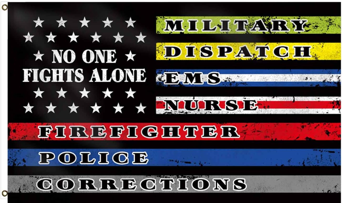 No One Fight along Flags Banner 3X5Ft-First Responders Multi Thin Line America Flag Canvas Header Polyester with Brass Grommets Outdoor Décor
