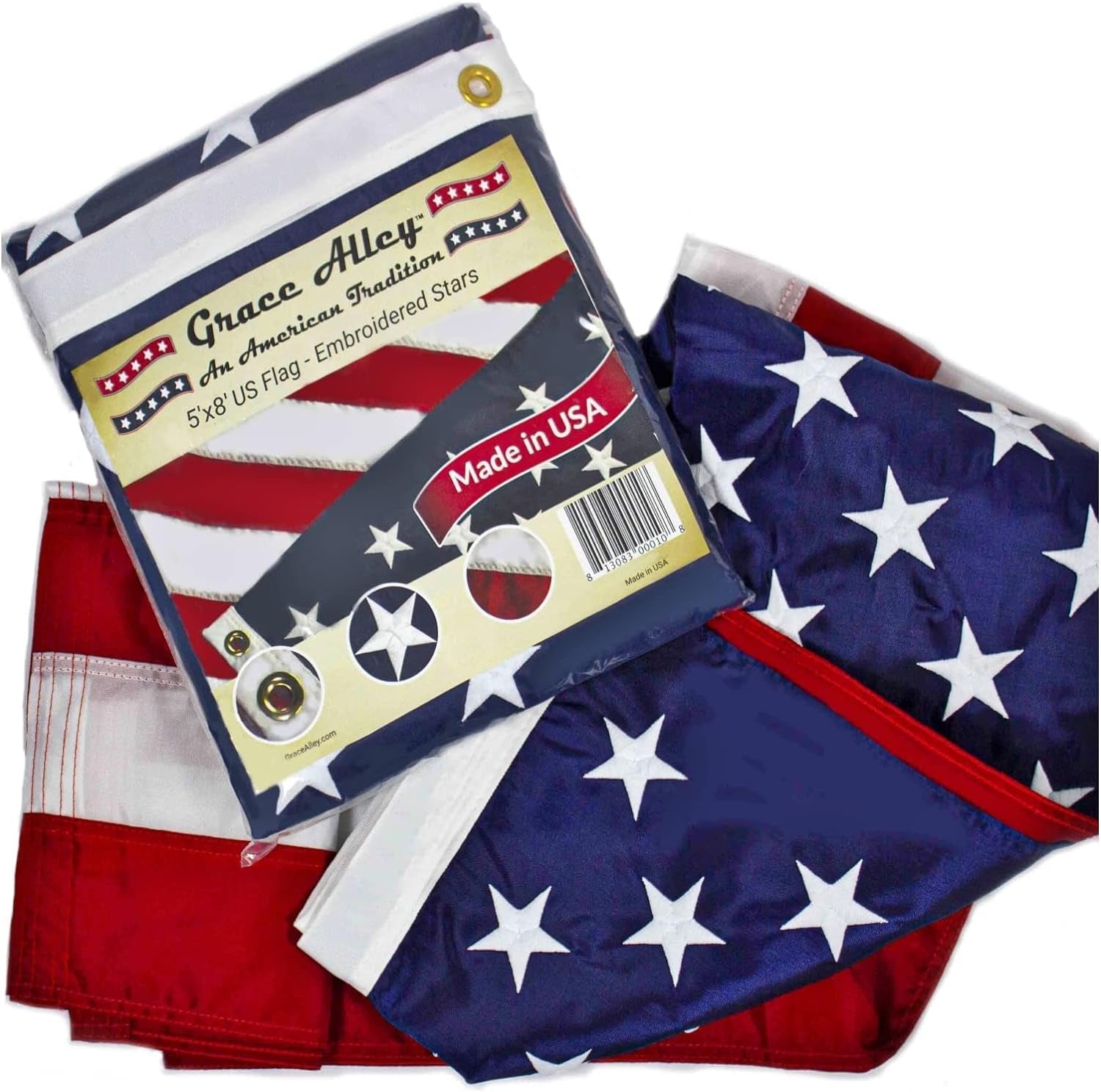 Grace Alley American Flag: 3X5 FT US Flag - 100% Made in USA. Embroidered Stars, Sewn Stripes and Brass Grommets. Fade Resistant, Heavy Duty, Long Lasting Nylon for Outdoor Durability.