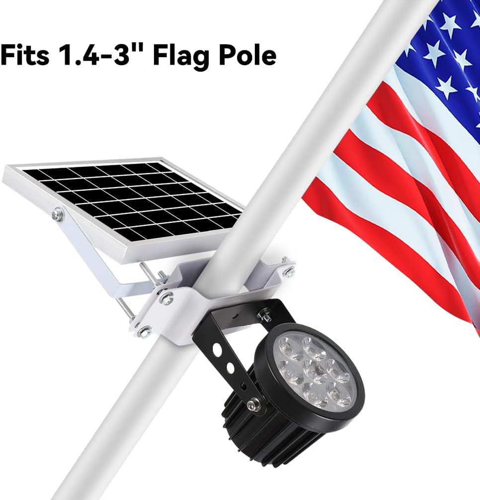 Joylight Flag Pole Light Solar Powered Outdoor, Solar Flagpole Light 6000K White Led IP65 Waterproof Dusk to Dawn 3 Mounted Ways Clamp Ground Wall for Flag Pole