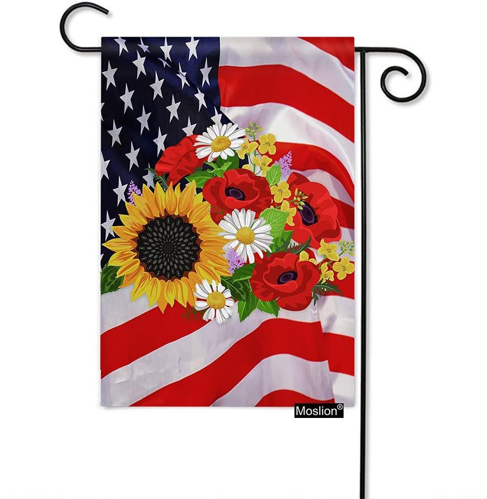 Sunflower Daisy Garden Flags Double Sided Colorful Flowers on Waving American Flag USA Patriotic Yard Flag 12.5X18 Inch Burlap Banners Home Decorative Outdoor Villa