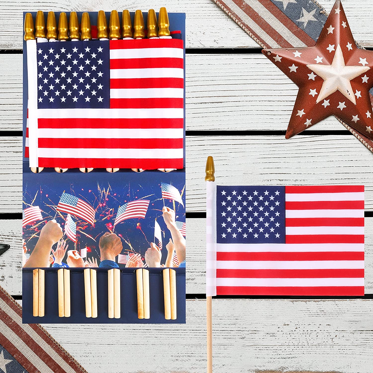 24 Pcs USA 4''X6'' Wooden Stick Flag,July 4Th Decoration, Veteran Party, Mini American Stick Flag - American Hand Held Stick Flags with Safety Golden Spear Top